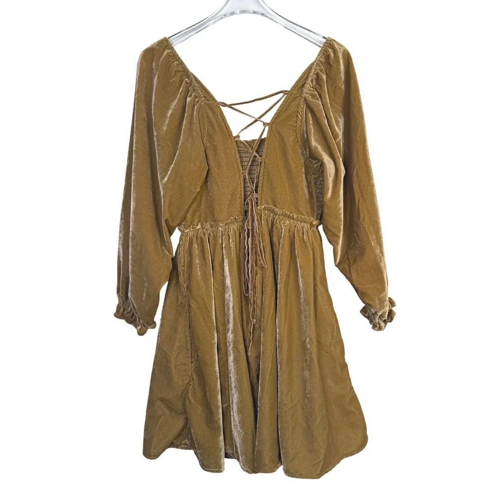 Free People Daphne Velvet Mini Dress Butterscotch Gold Lace Up Back OB1391930 S
